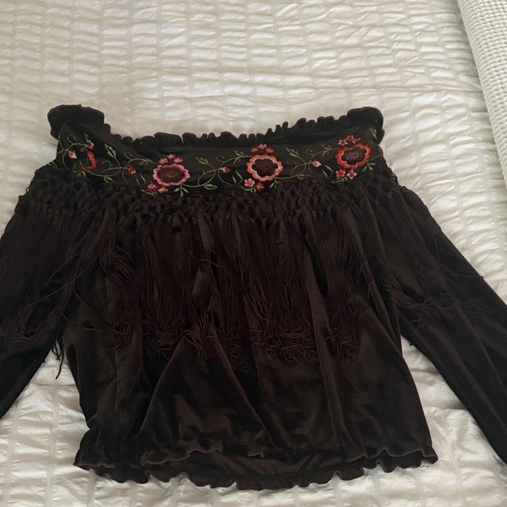 Floral Embroidered Off-Shoulder Top in Dark Brown